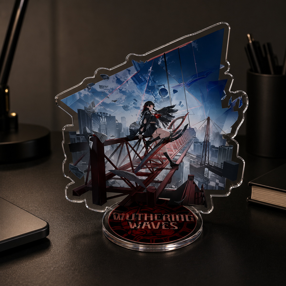 An acrylic desk lamp stand featuring an anime-style illustration of a character on a bridge over a city, with the text 'WUTHERING WAVES' on the circular base, photographed on a dark desk.