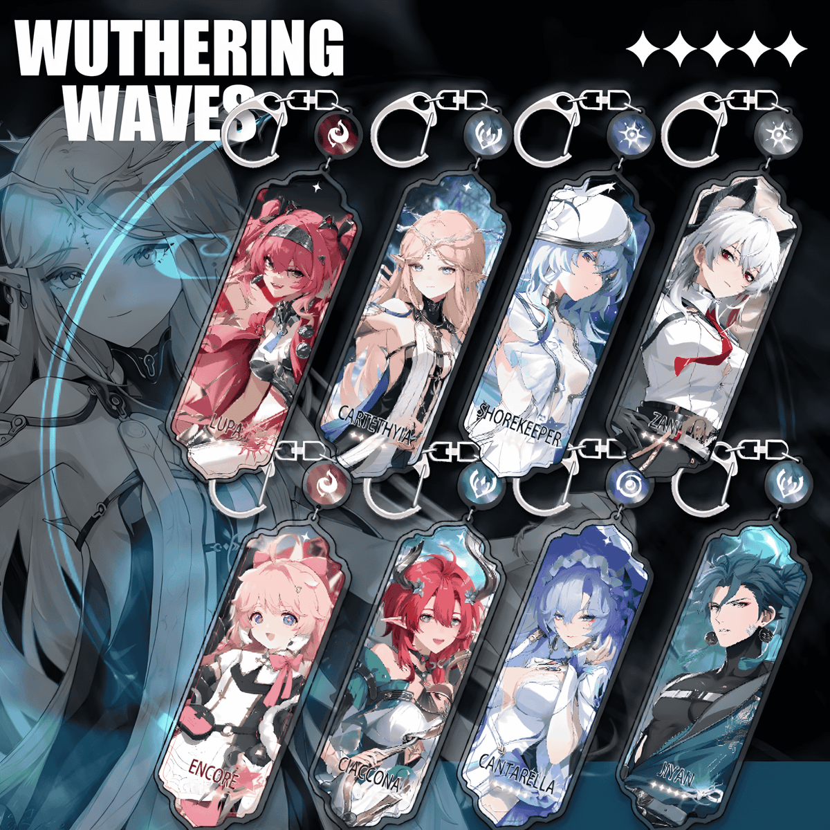 Set of anime character keychains with 'Wuthering Waves' branding on a dark background.