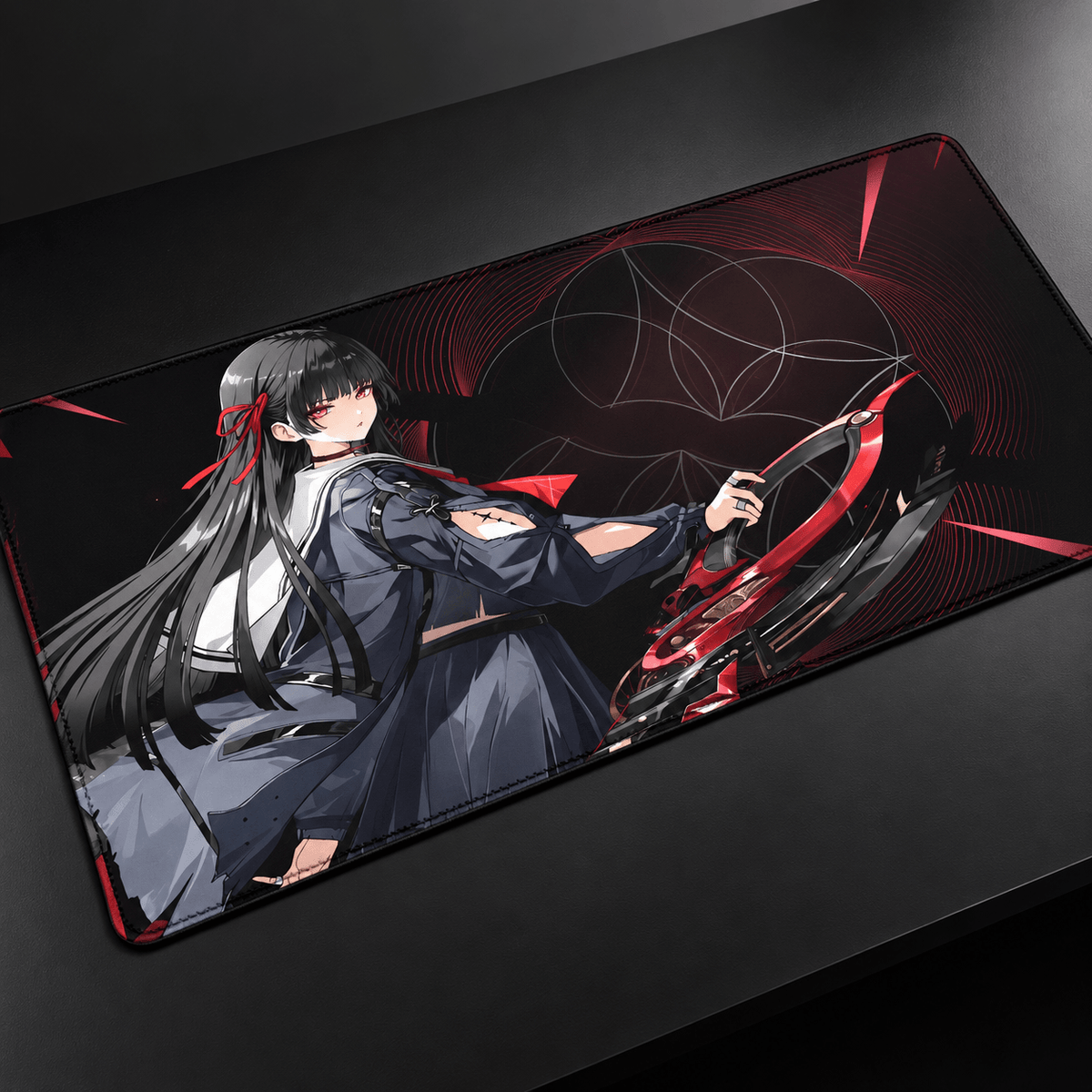 Chisa Wuthering Waves anime desk mat with black red and white artwork, XXL gaming mousepad and keyboard pad