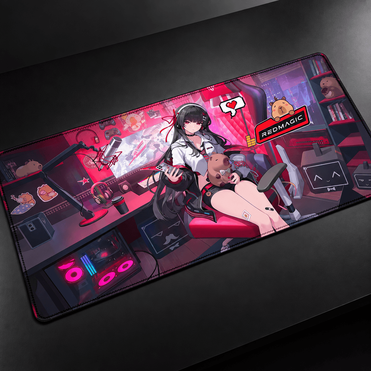Chisa Wuthering Waves anime desk mat with black red and white artwork, XXL gaming mousepad and keyboard pad