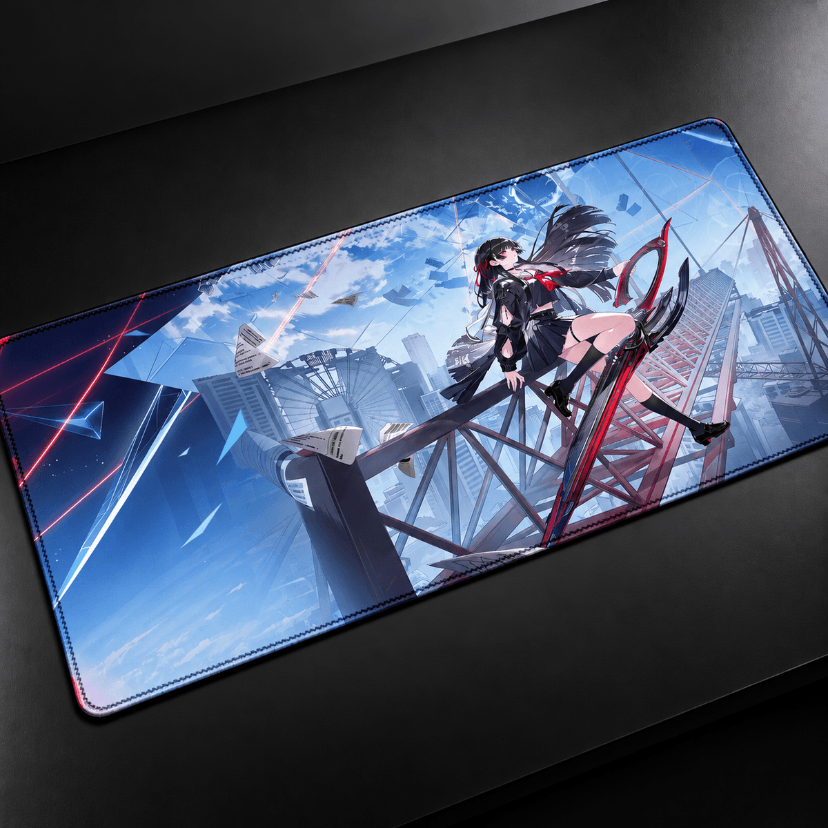 Chisa Wuthering Waves anime desk mat with black red and white artwork, XXL gaming mousepad and keyboard pad