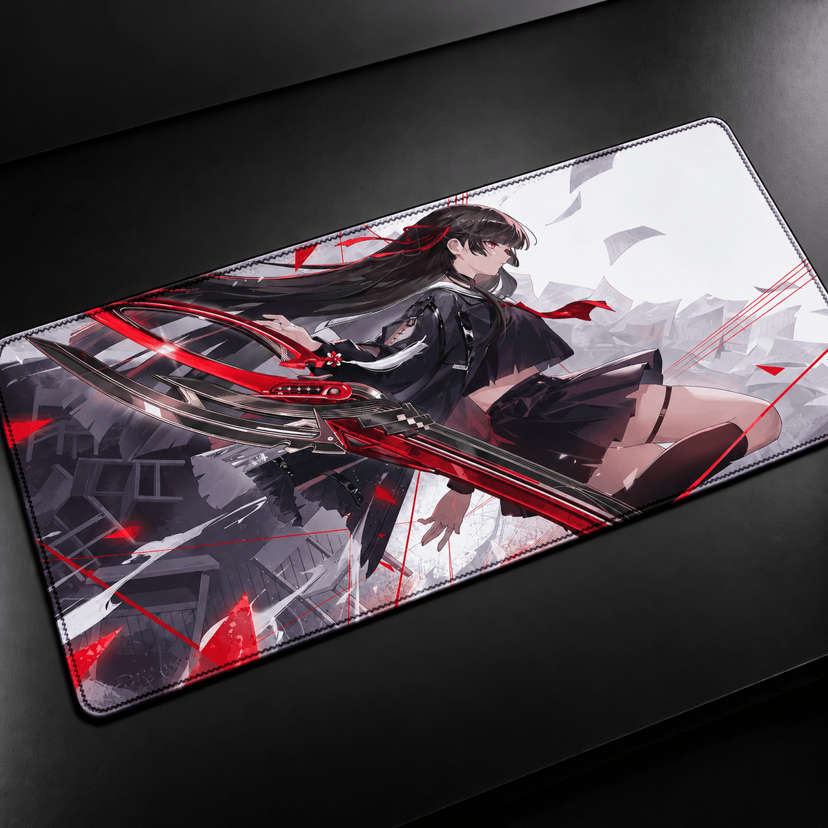 Chisa Wuthering Waves anime desk mat with black red and white artwork, XXL gaming mousepad and keyboard pad