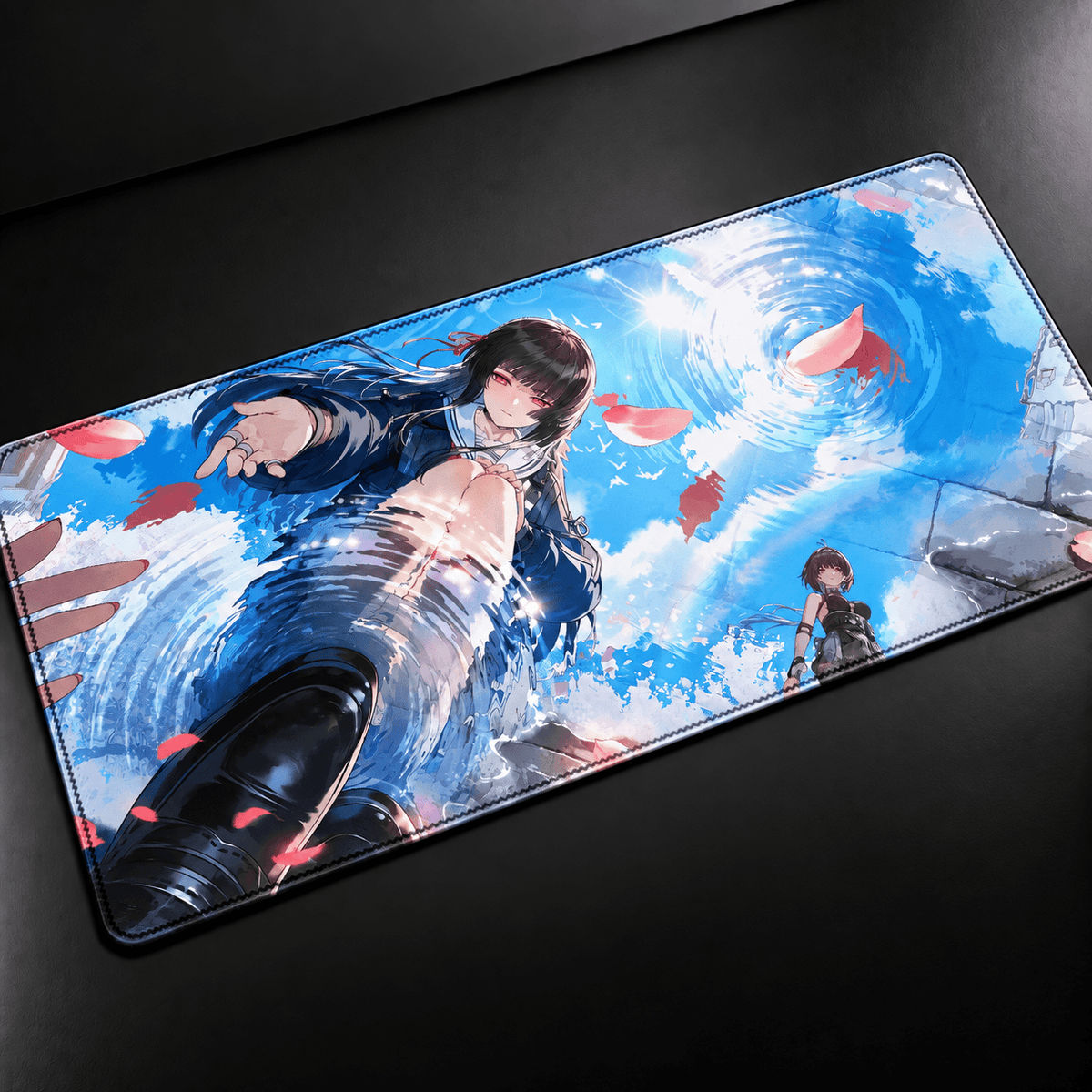 Chisa Wuthering Waves anime desk mat with black red and white artwork, XXL gaming mousepad and keyboard pad