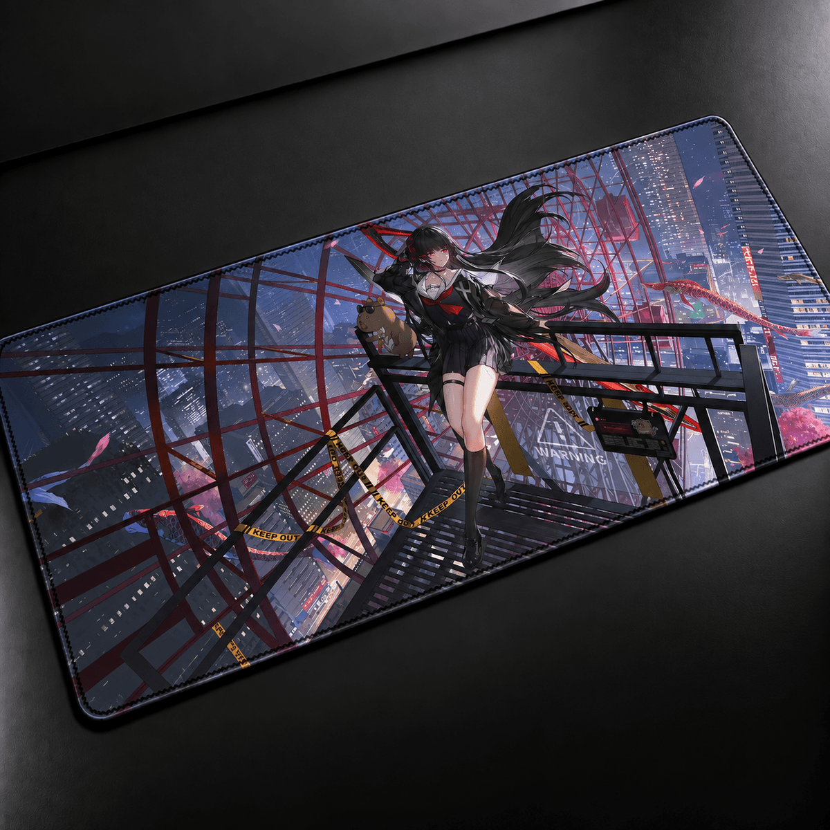 Chisa Wuthering Waves anime desk mat with black red and white artwork, XXL gaming mousepad and keyboard pad