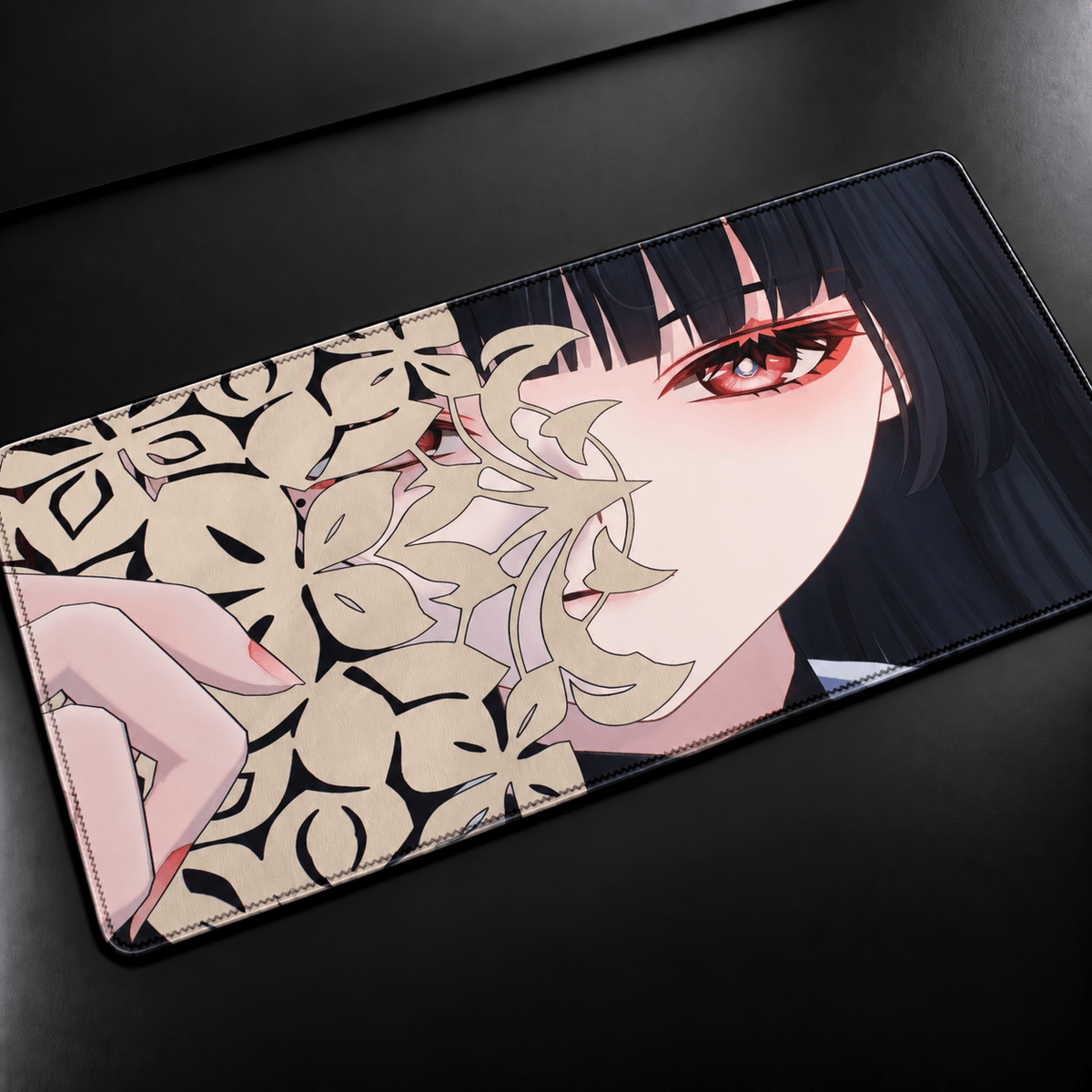 Chisa Wuthering Waves anime desk mat with black red and white artwork, XXL gaming mousepad and keyboard pad