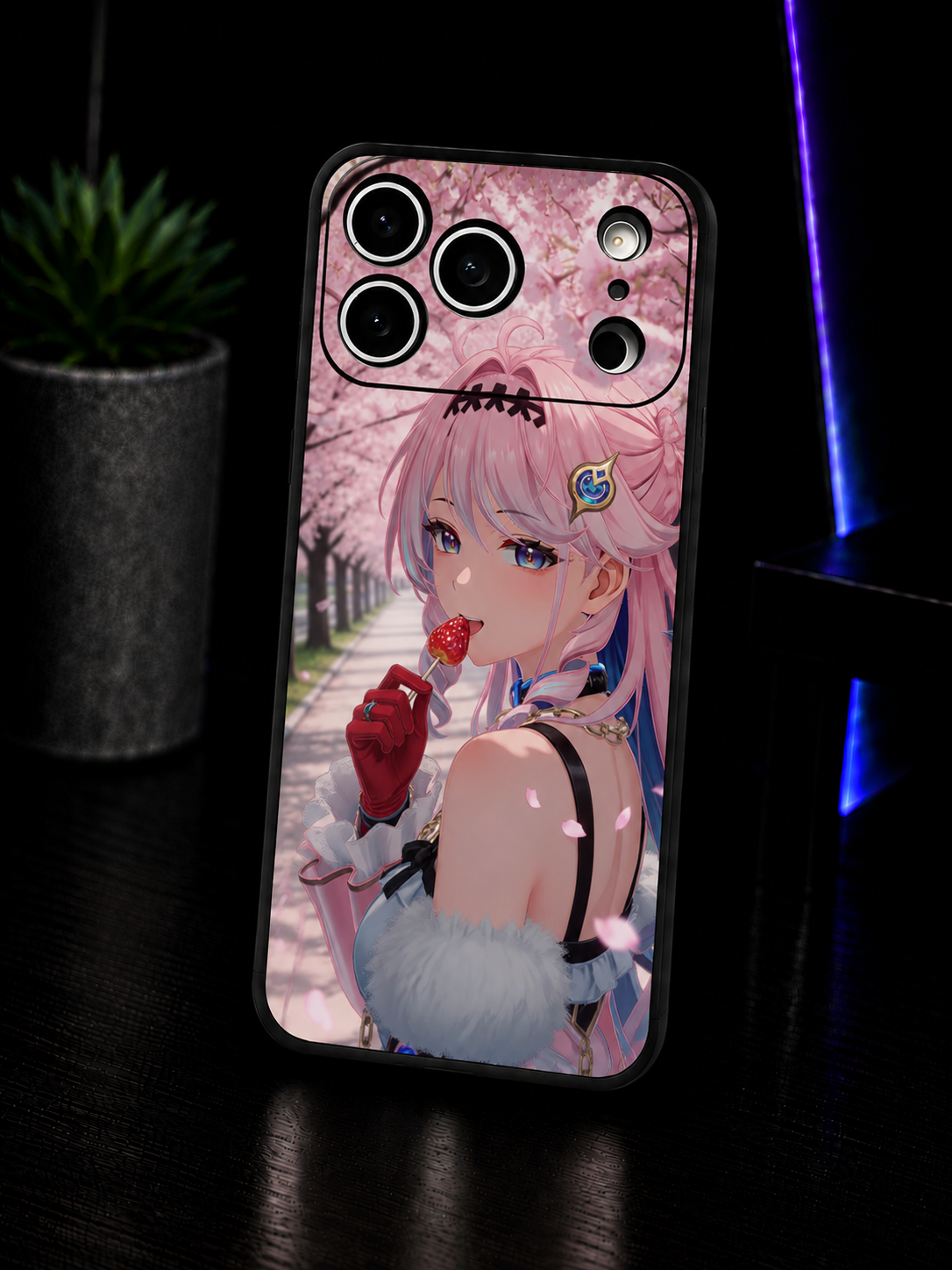 Wuthering Waves Denia anime iPhone case with pink character design glossy finish