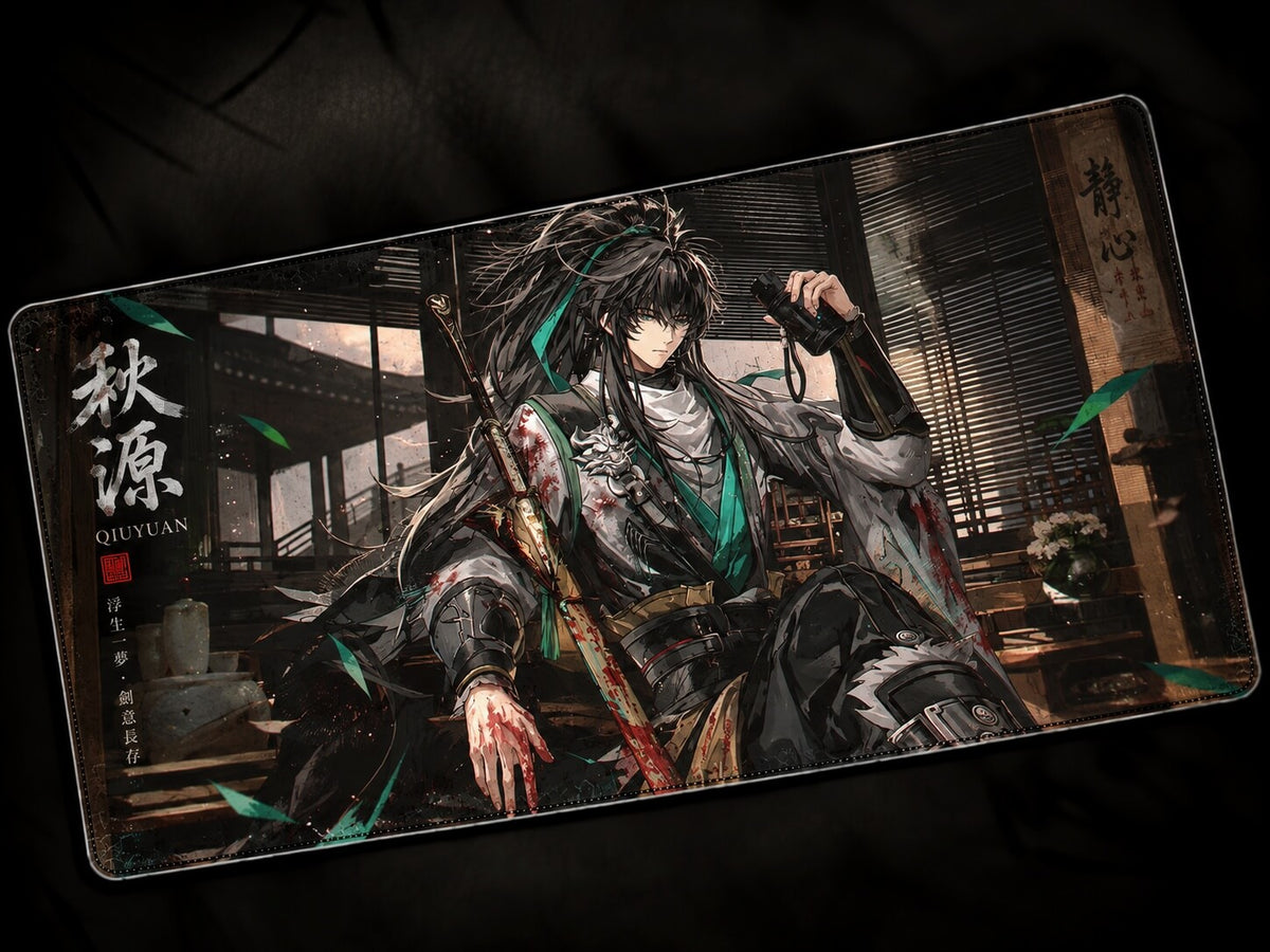 Qiuyuan Wuthering Waves anime desk mat with green artwork and large gaming mousepad design