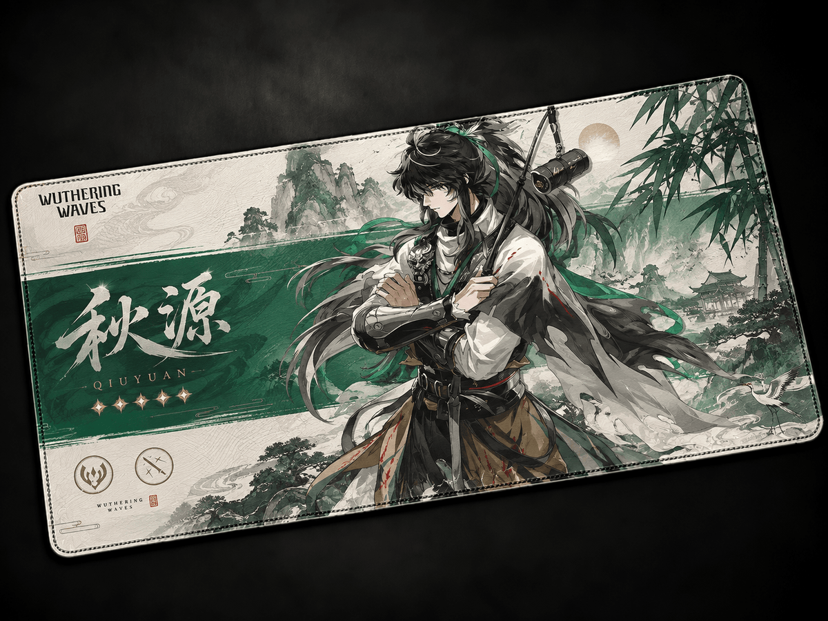 Qiuyuan Wuthering Waves anime desk mat with green artwork and large gaming mousepad design