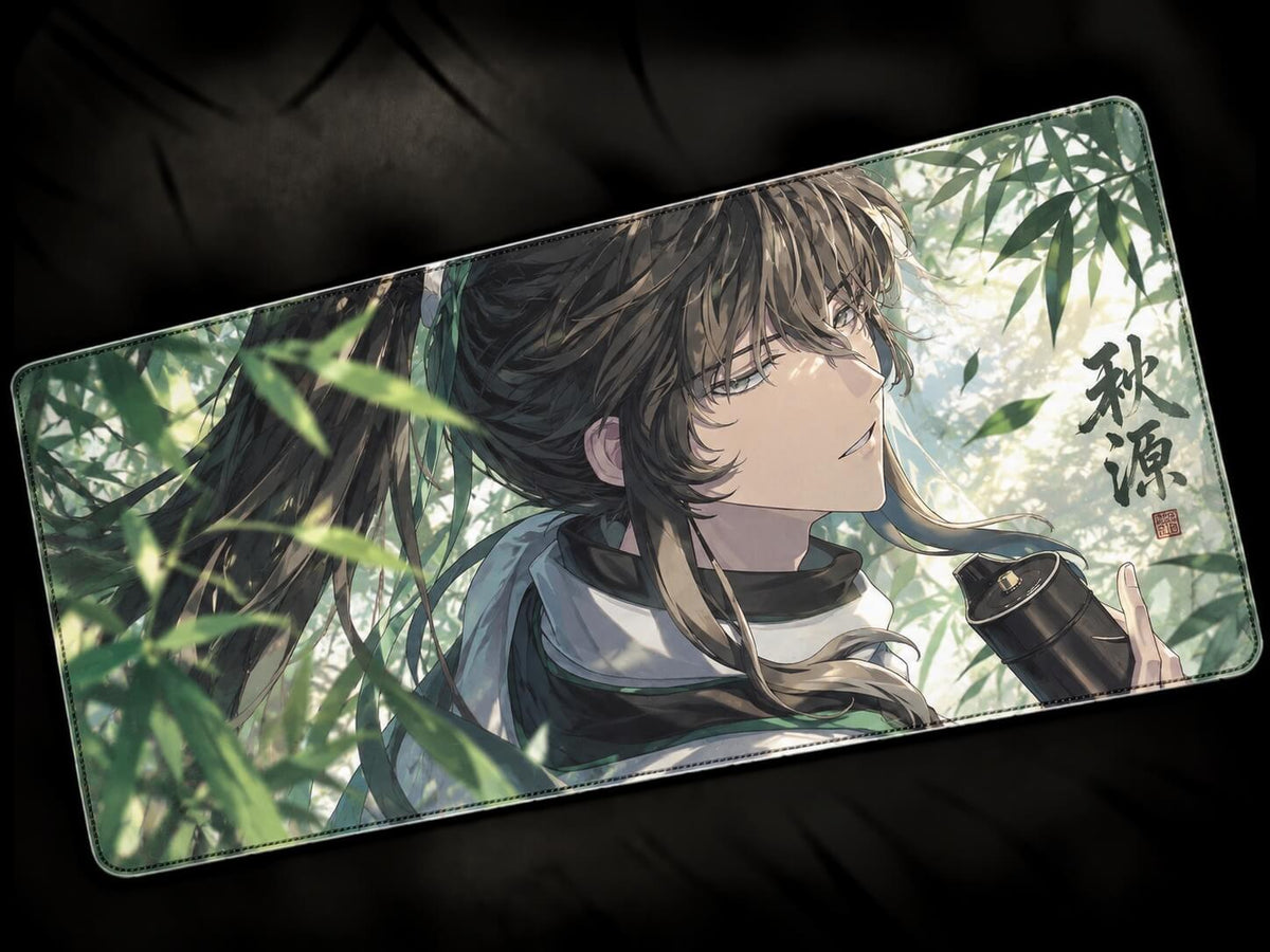 Qiuyuan Wuthering Waves anime desk mat with green artwork and large gaming mousepad design