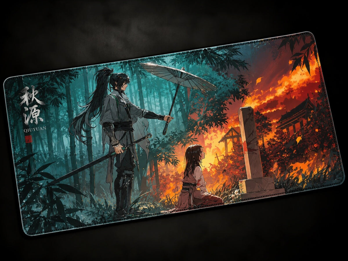 Qiuyuan Wuthering Waves anime desk mat with green artwork, large gaming mousepad and keyboard pad for PC desk setup