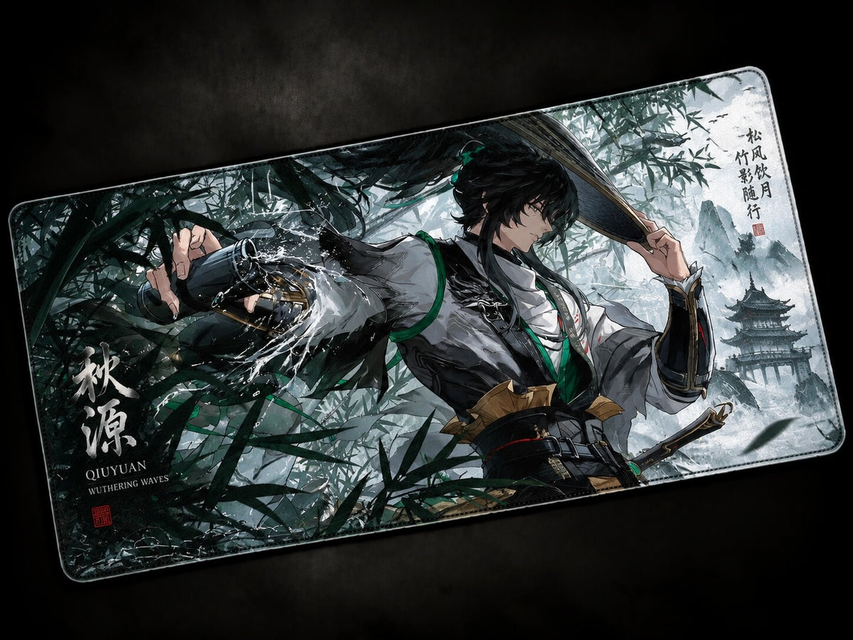 Qiuyuan Wuthering Waves anime desk mat with green artwork, large gaming mousepad and keyboard pad for PC desk setup