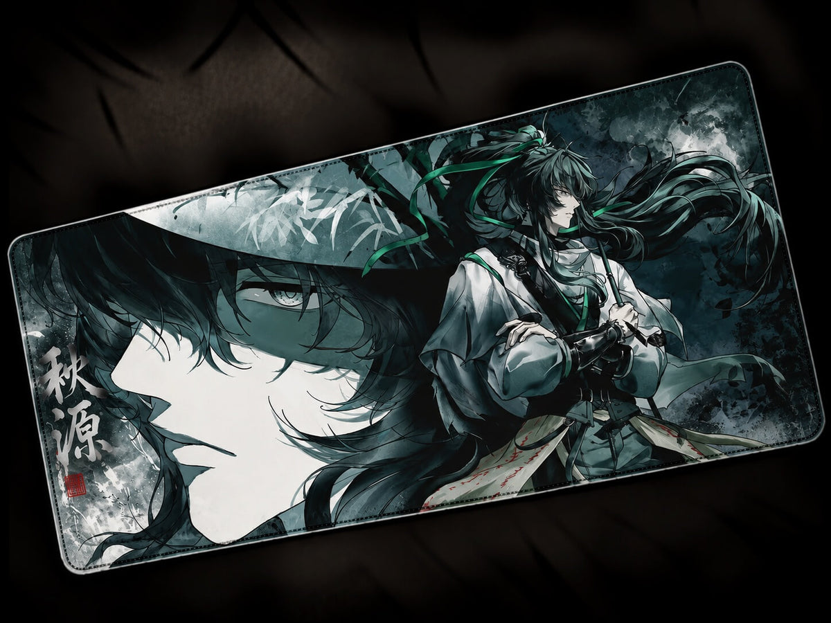 Qiuyuan Wuthering Waves anime desk mat with green artwork and large gaming mousepad design