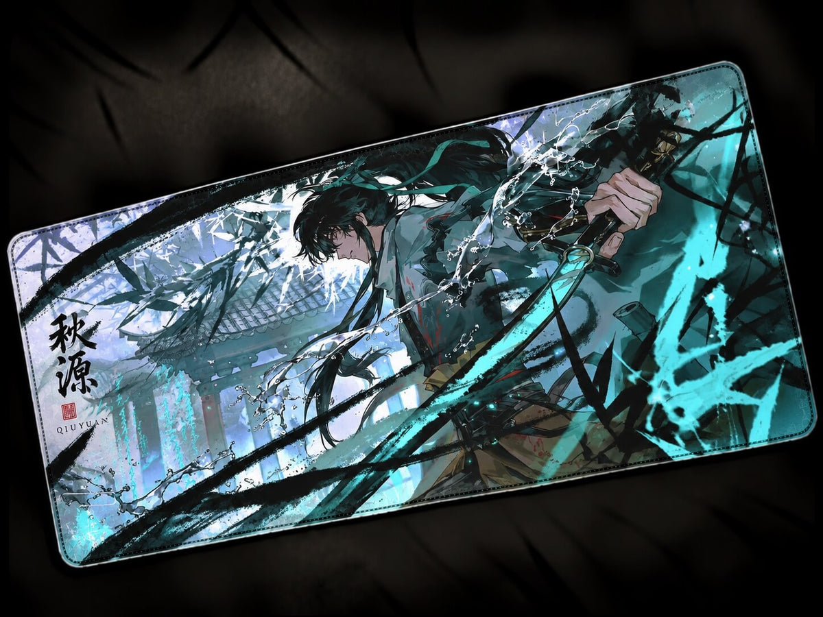 Qiuyuan Wuthering Waves anime desk mat with green artwork and large gaming mousepad design