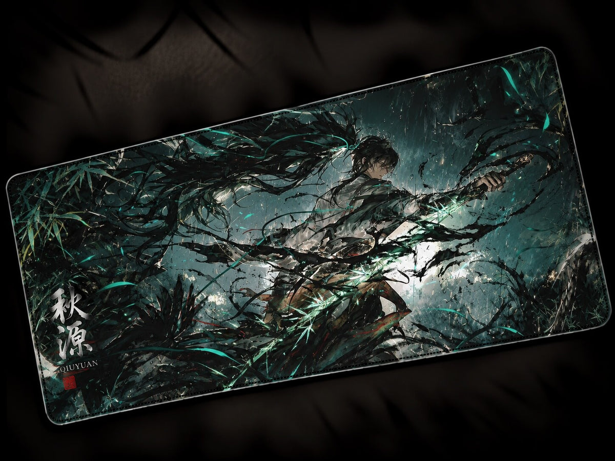 Qiuyuan Wuthering Waves anime desk mat with green artwork, large gaming mousepad and keyboard pad for PC desk setup